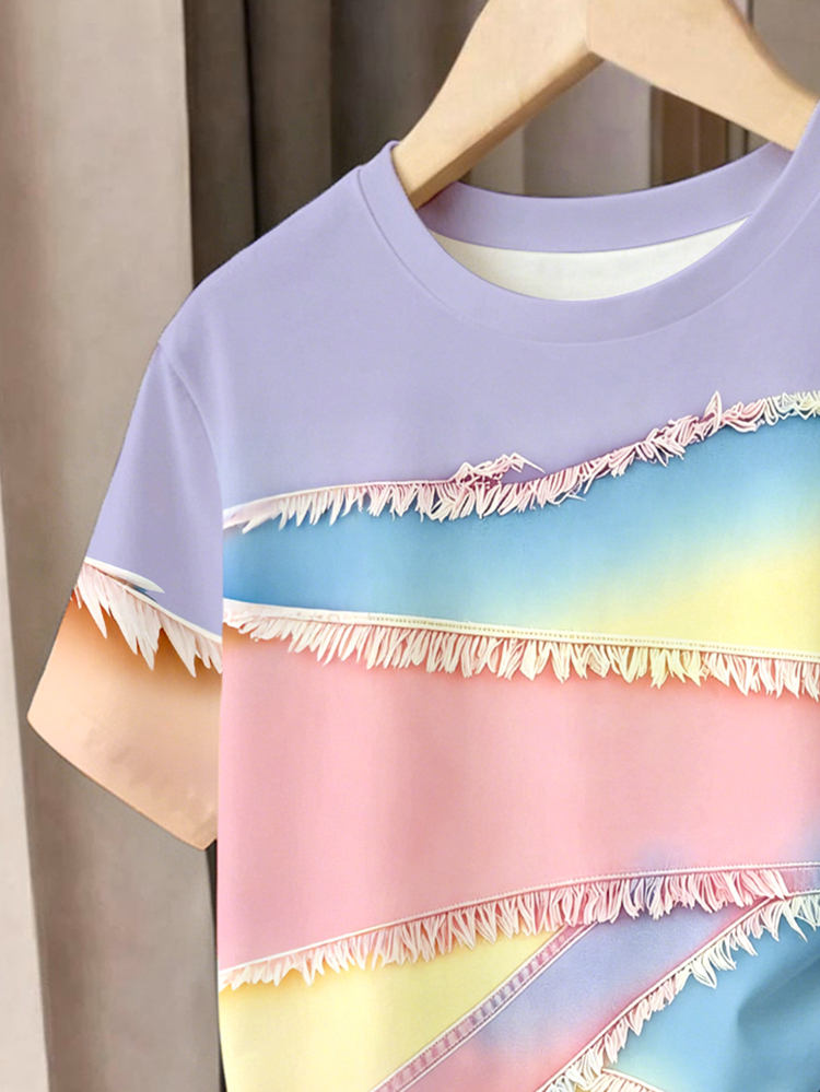(1 Set) Girls' Fresh Fashion Casual Minimalist Colorful Patchwork Pattern Basic Short T-Shirt And Shorts, Summer Daily Outfit - Multicolor - View 5