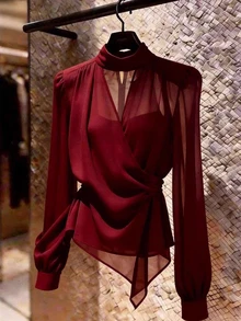 SHEIN Franclia Elegant Stand Collar Chiffon Tie-Front Blouse For Women, Suitable For Commuting And Dating - Red - View 4