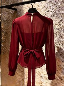 SHEIN Franclia Elegant Stand Collar Chiffon Tie-Front Blouse For Women, Suitable For Commuting And Dating - Red - View 6