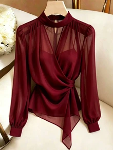 SHEIN Franclia Elegant Stand Collar Chiffon Tie-Front Blouse For Women, Suitable For Commuting And Dating - Red - View 5