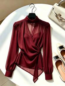 SHEIN Franclia Elegant Stand Collar Chiffon Tie-Front Blouse For Women, Suitable For Commuting And Dating - Red - View 2
