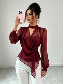 SHEIN Franclia Elegant Stand Collar Chiffon Tie-Front Blouse For Women, Suitable For Commuting And Dating - Red - View 3