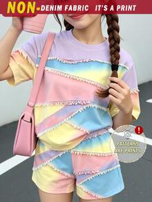 (1 Set) Girls' Fresh Fashion Casual Minimalist Colorful Gradient Patchwork Pattern Basic Short T-Shirt And Shorts, Summer Daily Outfit - Multicolor - View 1