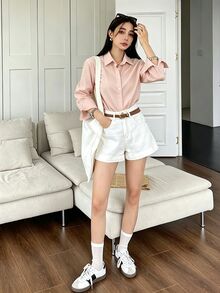 DAZY 女款素色休閒百搭日常長袖襯衫 - 粉色 - 查看 2