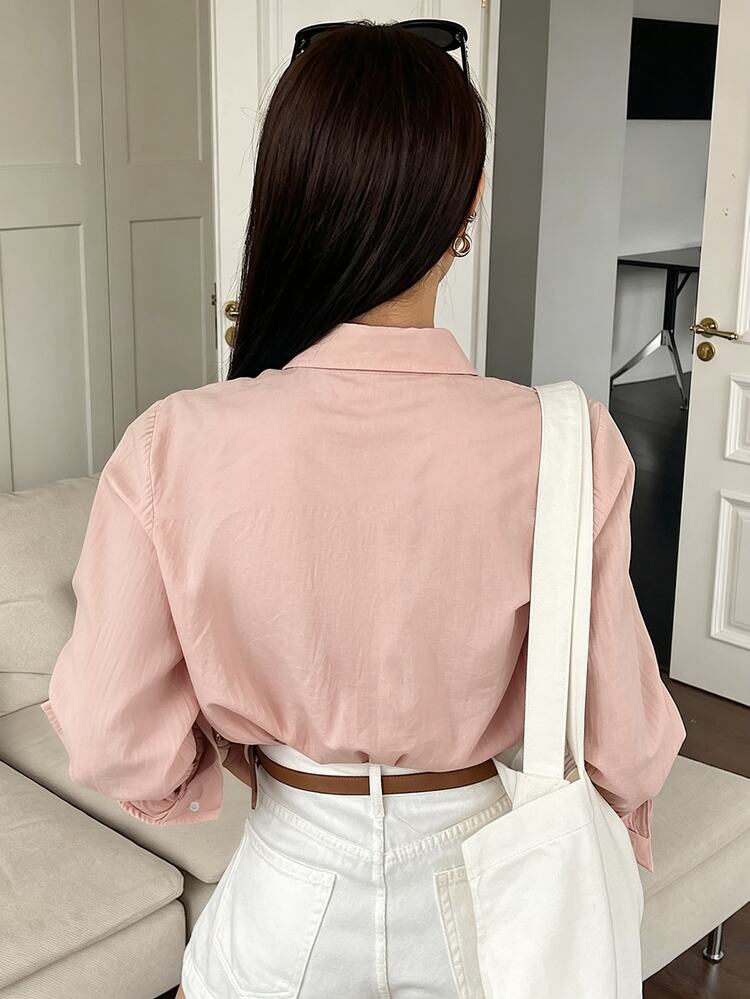 DAZY Women's Solid Color Casual Versatile Daily Long Sleeve Shirt - Pink - View 3