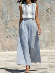 SHEIN LUNE Women's Vacation Geometric Pattern Sleeveless Shirt And Striped Wide Leg Pants 2 Pieces Set - Blue and White - View 1
