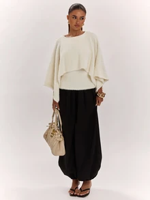 SHEIN BAE Damen Off-White Kunstpelz Schalkragen Pullover, flauschiger zotteliger Cape-Ärmel Pullover, weiches Plüsch Strickoberteil für Herbst Schichtung Brunch elegantes Abendessen Party - Aprikosenfarben - Übersicht 7