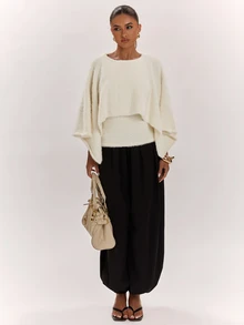 SHEIN BAE Damen Off-White Kunstpelz Schalkragen Pullover, flauschiger zotteliger Cape-Ärmel Pullover, weiches Plüsch Strickoberteil für Herbst Schichtung Brunch elegantes Abendessen Party - Aprikosenfarben - Übersicht 6
