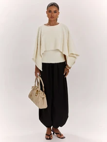 SHEIN BAE Damen Off-White Kunstpelz Schalkragen Pullover, flauschiger zotteliger Cape-Ärmel Pullover, weiches Plüsch Strickoberteil für Herbst Schichtung Brunch elegantes Abendessen Party - Aprikosenfarben - Übersicht 5
