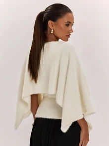 SHEIN BAE Damen Off-White Kunstpelz Schalkragen Pullover, flauschiger zotteliger Cape-Ärmel Pullover, weiches Plüsch Strickoberteil für Herbst Schichtung Brunch elegantes Abendessen Party - Aprikosenfarben - Übersicht 2