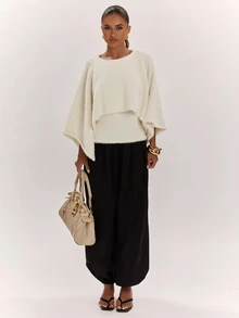 SHEIN BAE Damen Off-White Kunstpelz Schalkragen Pullover, flauschiger zotteliger Cape-Ärmel Pullover, weiches Plüsch Strickoberteil für Herbst Schichtung Brunch elegantes Abendessen Party - Aprikosenfarben - Übersicht 3
