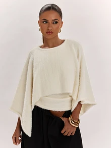 SHEIN BAE Damen Off-White Kunstpelz Schalkragen Pullover, flauschiger zotteliger Cape-Ärmel Pullover, weiches Plüsch Strickoberteil für Herbst Schichtung Brunch elegantes Abendessen Party - Aprikosenfarben - Übersicht 4