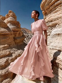 فستان نسائي أنيق بأكمام قصيرة من Anewsta، رومانسي وراقي، مع تجاعيد الخصر، مصمم بأسلوب مميز، حافة مجعدة براقة، وردي، مناسب للحفلات والمناسبات والمؤتمرات - وردي مغبر - مشاهدة 6