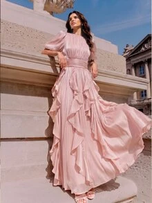 فستان نسائي أنيق بأكمام قصيرة من Anewsta، رومانسي وراقي، مع تجاعيد الخصر، مصمم بأسلوب مميز، حافة مجعدة براقة، وردي، مناسب للحفلات والمناسبات والمؤتمرات - وردي مغبر - مشاهدة 5