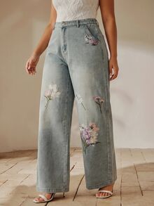 Anewsta 春季女款淺藍色牛仔褲 新款花卉刺繡水洗牛仔 百搭休閒通勤直筒牛仔褲 - 淺色水洗藍 - 查看 5