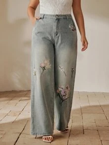 Anewsta 春季女款淺藍色牛仔褲 新款花卉刺繡水洗牛仔 百搭休閒通勤直筒牛仔褲 - 淺色水洗藍 - 查看 3