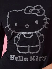 HELLO KITTY AND FRIENDS | COUREZ Shrunken Quarter Sleeve Length With Glitter Print /Y2K Tops Fall Clothes For Women Winter Clothes For Women Graphic Tees Going Out Tops - Black - View 8