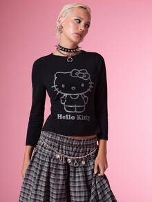 HELLO KITTY AND FRIENDS | COUREZ Shrunken Quarter Sleeve Length With Glitter Print /Y2K Tops Fall Clothes For Women Winter Clothes For Women Graphic Tees Going Out Tops - Black - View 6