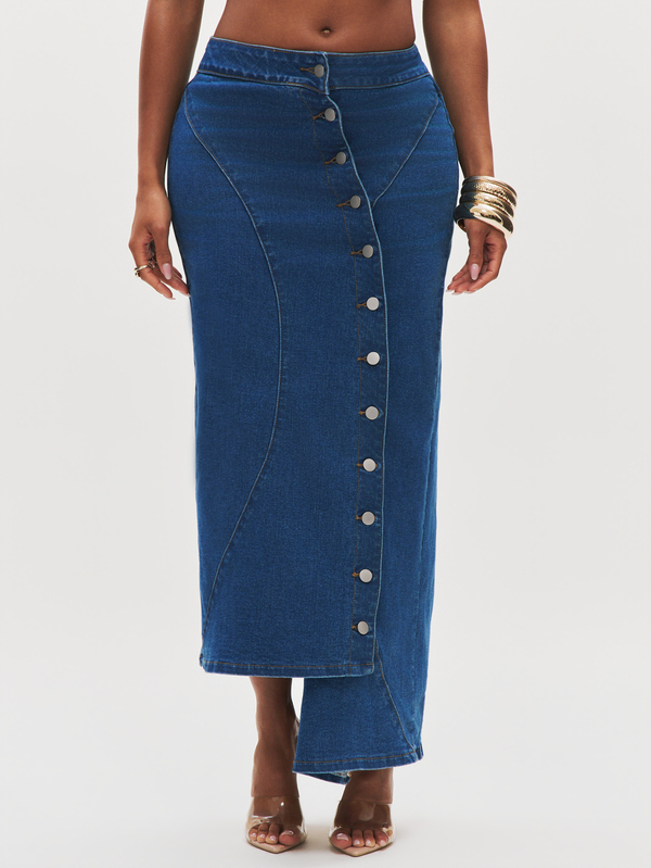 NYA SZN Denim rok maxi lengte asymmetrisch knoopontwerp medium donkere was brunch school kantoor sirene werkkleding voor vrouwen