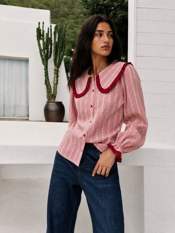 Nöista Blusa a rayas de inspiración vintage, cuello con volantes y ribete burdeos. Uso diario, universidad, oficina, casual elegante, regreso a la escuela en otoño