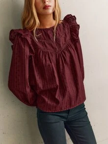 Nöista Burgundy, Loose-Fitting, Long-Sleeved Shirt. Relaxed,  Ruffle,Straight Exuding, Artistic,  Sweet Girlish.  Fall/Winter,Versatile Romantic.. - Brown - View 5