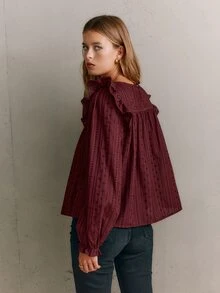 Nöista Burgundy, Loose-Fitting, Long-Sleeved Shirt. Relaxed,  Ruffle,Straight Exuding, Artistic,  Sweet Girlish.  Fall/Winter,Versatile Romantic.. - Brown - View 3