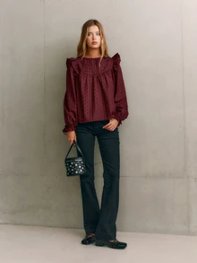 Nöista Burgundy, Loose-Fitting, Long-Sleeved Shirt. Relaxed,  Ruffle,Straight Exuding, Artistic,  Sweet Girlish.  Fall/Winter,Versatile Romantic.. - Brown - View 6