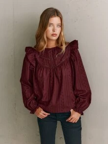 Nöista Burgundy, Loose-Fitting, Long-Sleeved Shirt. Relaxed,  Ruffle,Straight Exuding, Artistic,  Sweet Girlish.  Fall/Winter,Versatile Romantic.. - Brown - View 4