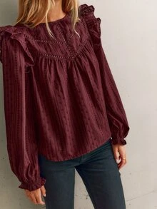 Nöista Burgundy, Loose-Fitting, Long-Sleeved Shirt. Relaxed,  Ruffle,Straight Exuding, Artistic,  Sweet Girlish.  Fall/Winter,Versatile Romantic.. - Brown - View 2