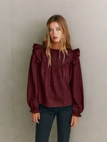 Nöista Burgundy, Loose-Fitting, Long-Sleeved Shirt. Relaxed,  Ruffle,Straight Exuding, Artistic,  Sweet Girlish.  Fall/Winter,Versatile Romantic.. - Brown - View 8