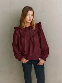 Nöista Burgundy, Loose-Fitting, Long-Sleeved Shirt. Relaxed,  Ruffle,Straight Exuding, Artistic,  Sweet Girlish.  Fall/Winter,Versatile Romantic.. - Brown - View 7