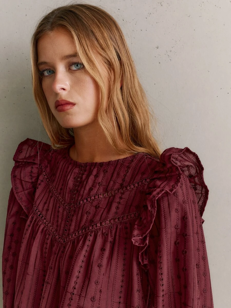 Nöista Burgundy, Loose-Fitting, Long-Sleeved Shirt. Relaxed, Ruffle,Straight Exuding, Artistic, Sweet Girlish. Fall/Winter,Versatile Romantic.. - Brown - View 1