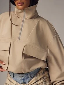 Denimoi High Neck Jacket Half Zip Oversized Flap Pockets Fall Fashion Streetwear Lightweight Jacket, Winter/Fall Jacket, Chic Office Wear - Khaki - View 4