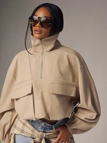 Denimoi High Neck Jacket Half Zip Oversized Flap Pockets Fall Fashion Streetwear Lightweight Jacket, Winter/Fall Jacket, Chic Office Wear - Khaki - View 3
