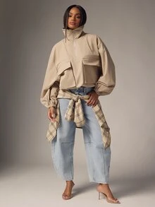 Denimoi High Neck Jacket Half Zip Oversized Flap Pockets Fall Fashion Streetwear Lightweight Jacket, Winter/Fall Jacket, Chic Office Wear - Khaki - View 2