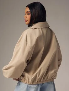 Denimoi High Neck Jacket Half Zip Oversized Flap Pockets Fall Fashion Streetwear Lightweight Jacket, Winter/Fall Jacket, Chic Office Wear - Khaki - View 6
