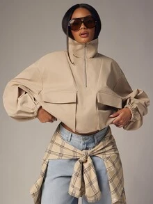 Denimoi High Neck Jacket Half Zip Oversized Flap Pockets Fall Fashion Streetwear Lightweight Jacket, Winter/Fall Jacket, Chic Office Wear - Khaki - View 1