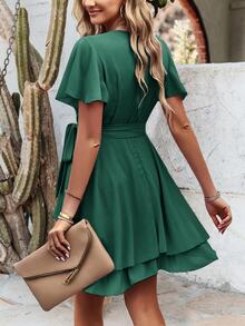 SHEIN Holidaya Butterfly Sleeve Layer Hem Belted Dress - Green - View 2