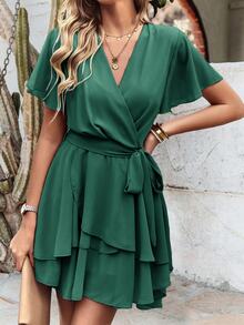 SHEIN Holidaya Butterfly Sleeve Layer Hem Belted Dress - Green - View 5