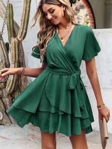 SHEIN Holidaya Butterfly Sleeve Layer Hem Belted Dress - Green - View 6