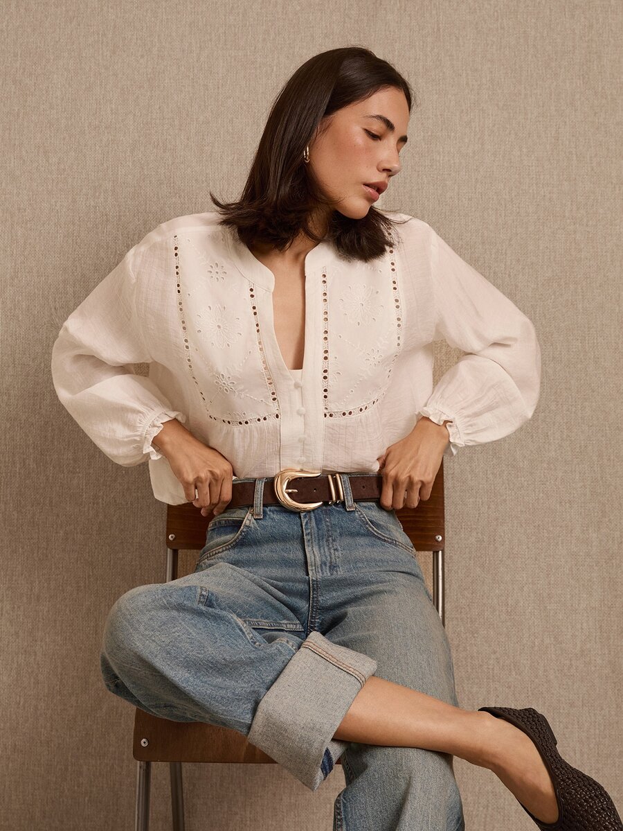 lacRébo White Long-Sleeve Boho Blouse With Embroidered Panel Button Placket And Ruffled Cuff Summer Holiday - White - View 1