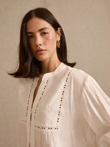 lacRébo White Long-Sleeve Boho Blouse With Embroidered Panel Button Placket And Ruffled Cuff Summer Holiday - White - View 7