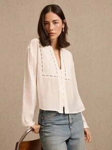 lacRébo White Long-Sleeve Boho Blouse With Embroidered Panel Button Placket And Ruffled Cuff Summer Holiday - White - View 3