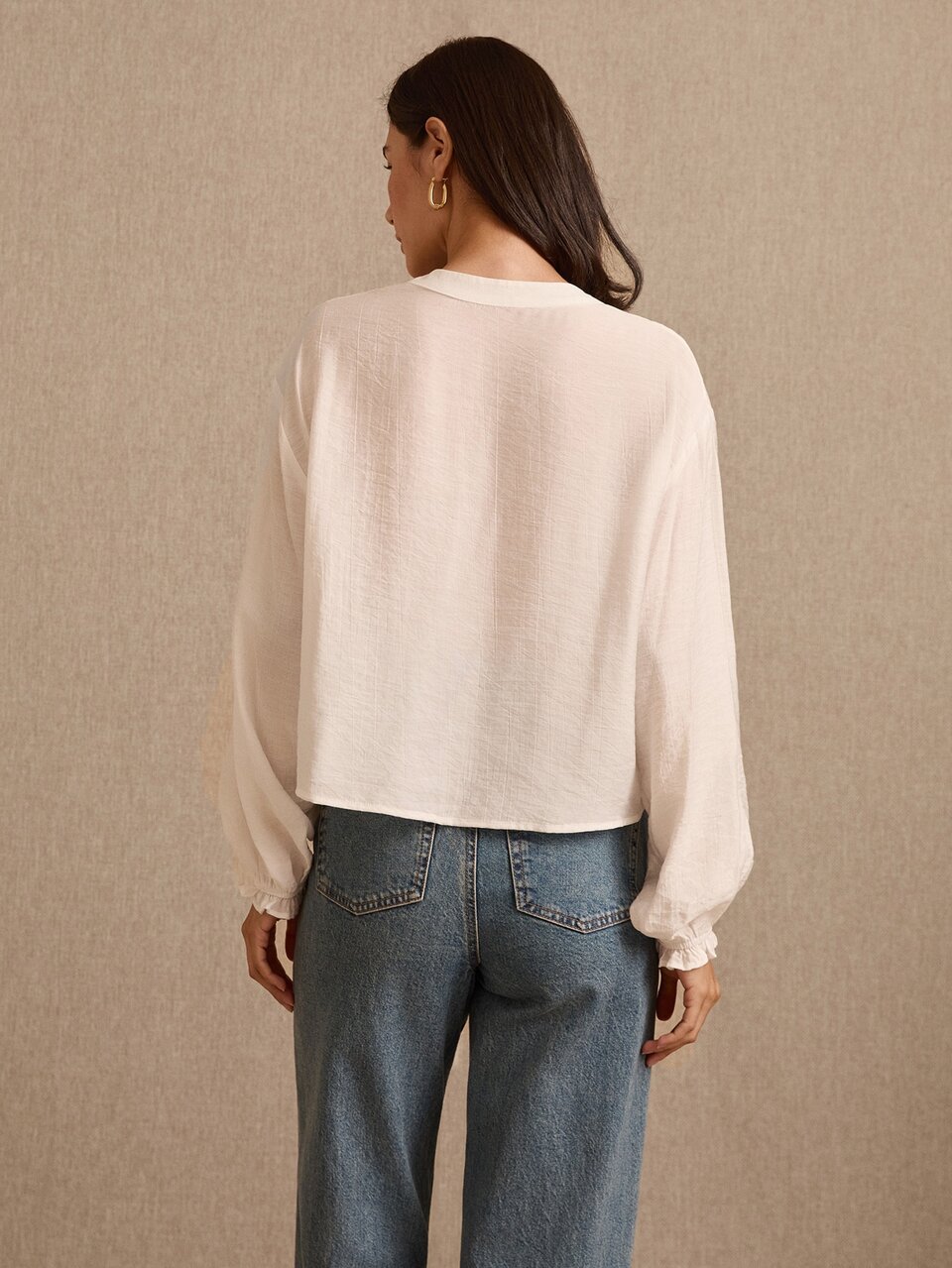 White Long-Sleeve Boho Blouse With Embroidered Panel Button Placket And Ruffled Cuff Summer Holiday