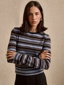 lacRébo Fitted Cropped Blue Knit Top With Black And Grey Stripes, Round Neckline And Long Sleeves - Multicolor - View 3