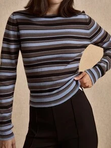 lacRébo Fitted Cropped Blue Knit Top With Black And Grey Stripes, Round Neckline And Long Sleeves - Multicolor - View 5