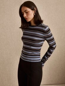 lacRébo Fitted Cropped Blue Knit Top With Black And Grey Stripes, Round Neckline And Long Sleeves - Multicolor - View 4