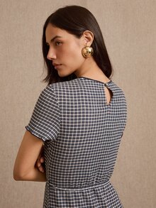 lacRébo Blue Check Midi Dress Boat Neckline, Short Sleeves And Keyhole Back Neck Opening, Spring Summer - Navy Blue - View 6