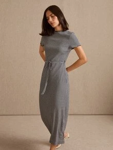 lacRébo Blue Check Midi Dress Boat Neckline, Short Sleeves And Keyhole Back Neck Opening, Spring Summer - Navy Blue - View 7