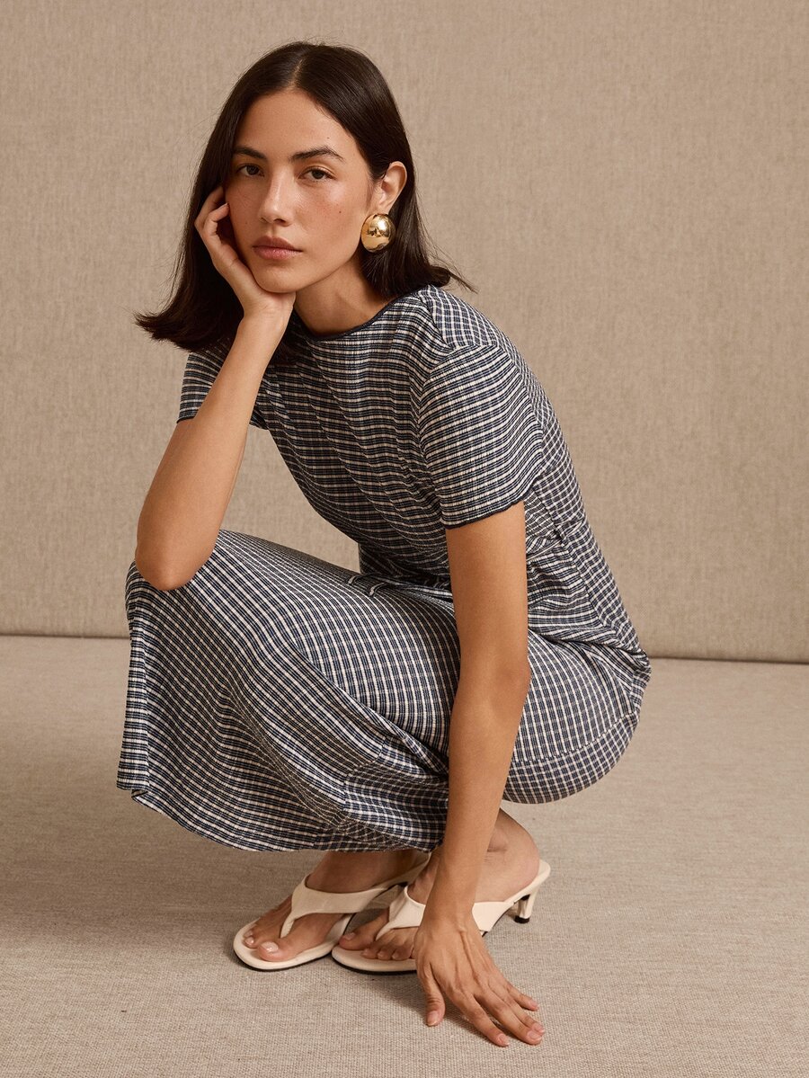 lacRébo Blue Check Midi Dress Boat Neckline, Short Sleeves And Keyhole Back Neck Opening, Spring Summer - Navy Blue - View 1